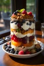 Colorful layers of yogurt, berries and crunchy granola