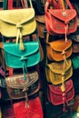 Colorful leather handbags collection on Tunis market Royalty Free Stock Photo