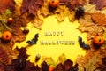 Colorful leaves frame on yellow background with copy space. Halloween card. Royalty Free Stock Photo