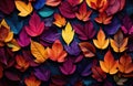 Colorful leaves lying on the ground background in the style of a color palette, perfect for autum. Creative AI