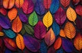 Colorful leaves lying on the ground background in the style of a color palette, perfect for autum. Creative AI