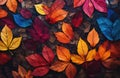 Colorful leaves lying on the ground background in the style of a color palette, perfect for autum. Creative AI