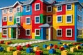 Colorful LEGO Blocks Construct a House: Balanced Structure Seamlessly Interconnected with Reds, Blues, and More