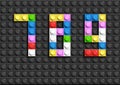 Colorful lego numbers 7, 8, 9 from plastic building lego bricks. Colorful vector lego numbers . Black lego background