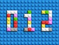 Colorful lego numbers 0,1,2 from plastic building lego bricks. Colorful vector lego numbers . Black lego background