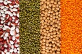 Colorful legumes: chickpeas, lentils, beans collage top view.