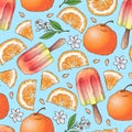 Colorful lemon and mandarin fruit and citrus ice cream seamless pattern background