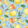 Colorful lemon and mandarin fruit and citrus ice cream seamless pattern background Royalty Free Stock Photo