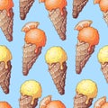 Colorful lemon and mandarin fruit and citrus ice cream seamless pattern background