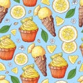 Colorful lemon and mandarin fruit and citrus ice cream seamless pattern background Royalty Free Stock Photo