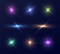 Colorful lens flares set, bright glares with rays. Collection of magic sparks, retro neon light