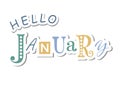 Colorful lettering of Hello January with different letters in blue and yellow in paper cut style with shadow on white background