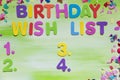 Colorful letters and confetti, birthday wish list