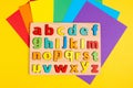 Colorful letters of the English alphabet colorful background. The concept of education in kindergarten and school. Flat