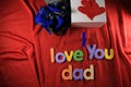 Colorful letters with I love you dad isolated on red cloth background. I love you dad spelled with colorful letters. Royalty Free Stock Photo