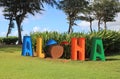 Large Letters Spell the Word ALOHA Near a Beach in Hawaii