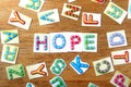 Colorful letters spelled as hope