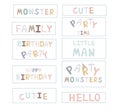 Colorful letters in vector. Happy birthday - cute hand drawn doodle lettering postcard. Monster, family, little man, cutie, happy Royalty Free Stock Photo