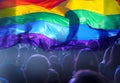 Colorful LGBT flag blows in the breez over crowd