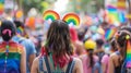 Colorful LGBT Pride March with Rainbow Symbols and Participants. AI Generated Royalty Free Stock Photo