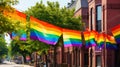 Colorful LGBTQ pride flag banners decorating a city street