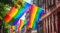 Colorful LGBTQ pride flag banners waving in the wind