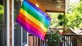 Colorful LGBTQ pride flag hanging on a front porch
