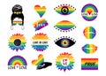 Colorful LGBTQ pride symbols set with flag, rainbow, hearts, lips, eyes, sunflower, quotes, woman isolated on white background. Royalty Free Stock Photo