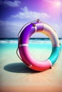 Colorful lifebuoy on the beach at sunset. Conceptual image