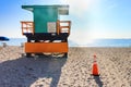 Colorful Lifeguard tower, coastline with blue sky on sunny day. Beach with lifeguard tower. Safe swimming Royalty Free Stock Photo