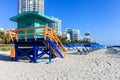 Colorful Lifeguard tower, skylines, coastline with blue sky on sunny day. Beach with lifeguard tower. Safe swimming Royalty Free Stock Photo