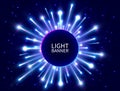 Colorful light banner with glowing rays. Shining neon circle banner. Bright firework. Blue star burst. New Year background. Vector Royalty Free Stock Photo