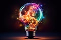 Colorful light bolb with splashes of color energy waves, Creative idea business concept