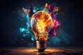 Colorful light bolb with splashes of color energy waves, Creative idea business concept