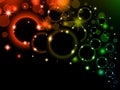 Colorful light bubbles Background. Neon rainbow bokeh effect. Dark background with Glowing sparkling circles and rings Royalty Free Stock Photo