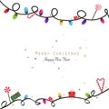 Colorful light bulbs frame with Christmas lights, gift and candy. Happy new year greeting card Royalty Free Stock Photo