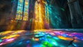 Colorful light rays from a stained glass window illuminating a dark church interior Royalty Free Stock Photo
