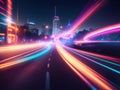 Colorful Light Trails on the Road to Modern City Buildings in Background at Night -Generative Ai