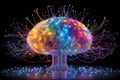 Colorful Light-Up Brain Model on Black Background, Holographic representation of the future human brain connecting with multicolor