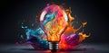 colorful lightbulb with paint flowing across its surface, in the style of vivid energy explosions, vibrant collage, flamboyant