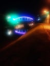 The colorful lights on the bridge with river under the bridge. Royalty Free Stock Photo