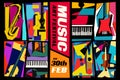 Music and Art Festival. Vector illustration of a set of abstract jazz backgrounds with musical instruments. Guitar, piano,