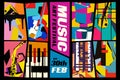 Music and Art Festival. Vector illustration of a set of abstract jazz backgrounds with musical instruments. Guitar, piano,