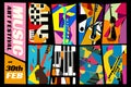 Music and Art Festival. Vector illustration of a set of abstract jazz backgrounds with musical instruments. Guitar, piano,