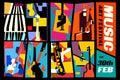 Music and Art Festival. Vector illustration of a set of abstract jazz backgrounds with musical instruments. Guitar, piano,