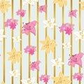 Colorful Lilies seamless pattern on golden striped background Royalty Free Stock Photo