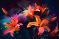 Colorful lily flowers on dark background. Illustration.