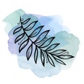 Colorful line art palm Leave on blue watercolor blob. Linear hand drawing tropical Leaf on white background