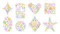 Colorful line doodle pattern shapes. Abstract geometric figures with hand drawn squiggles, swirls, linear symbols and