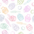 Colorful linear cupcake lollipop marshmallow seamless vector pattern.